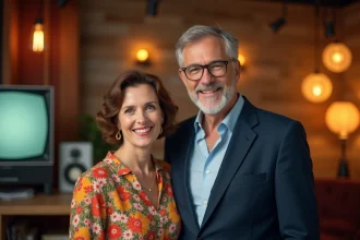 Portrait de deux présentateurs télé emblématiques souriants dans un studio de télévision aux tons chauds et dorés