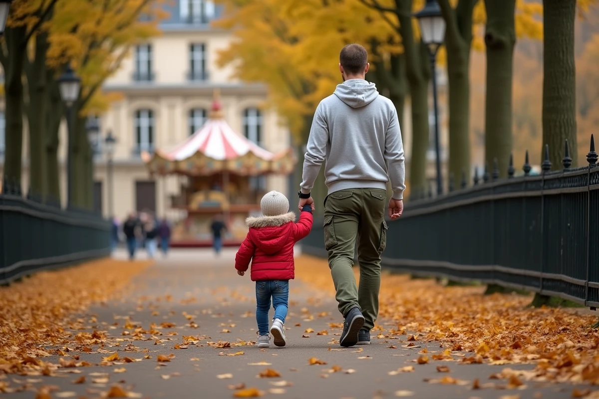 Papa et enfant de 3 ans se promenant dans un jardin public parisien en automne avec un carrousel en arrière-plan