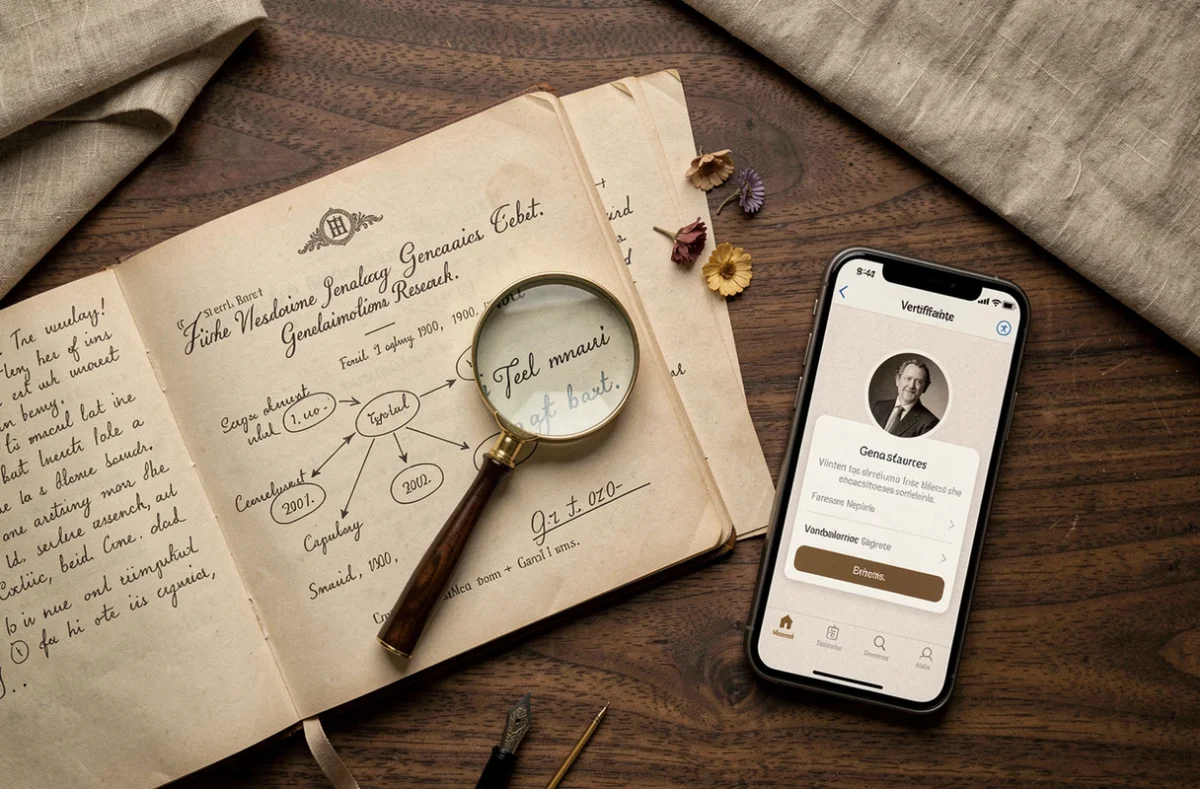 Vue du dessus d'un espace de recherche généalogique avec acte de naissance ancien, loupe et notes manuscrites pour vérifier un arbre familial nobiliaire