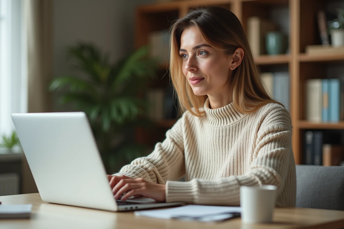 Femme tapant une recherche sur Google à son bureau à propos d'une personnalité médiatique enceinte