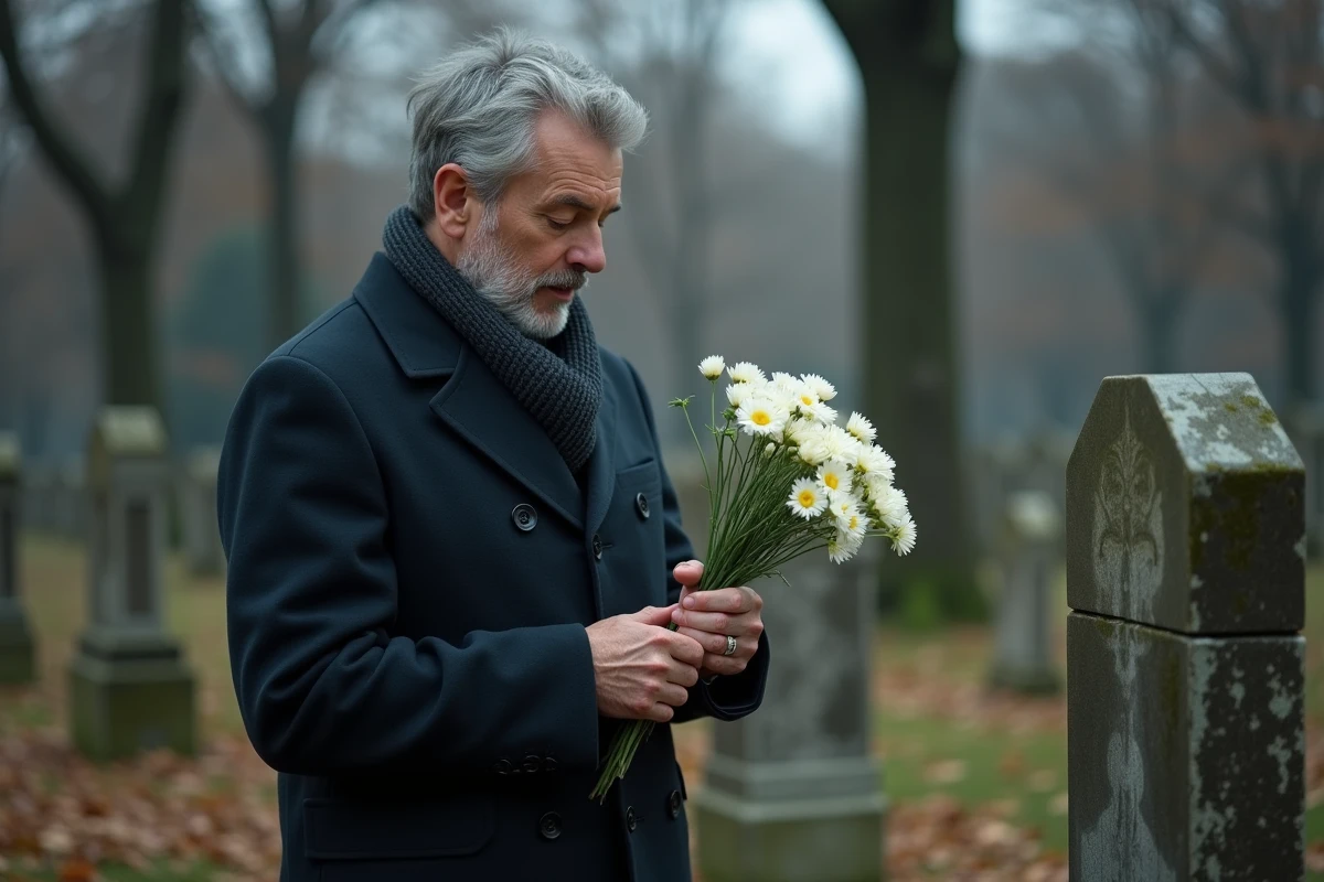 Homme recueilli devant une tombe au cimetière le jour de l'anniversaire du décès d'un proche