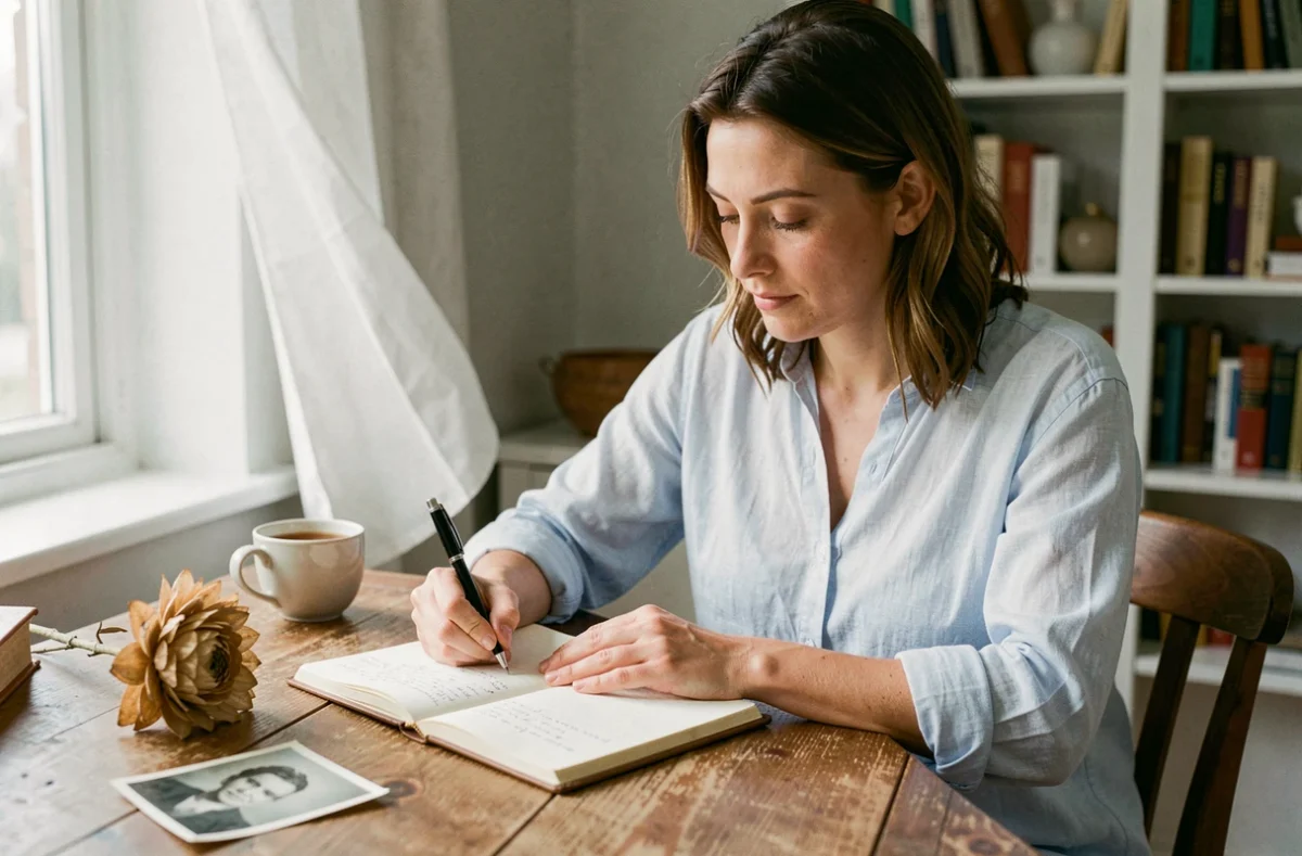 Femme rédigeant un hommage écrit à sa cousine décédée, cahier ouvert et photographie ancienne sur un bureau