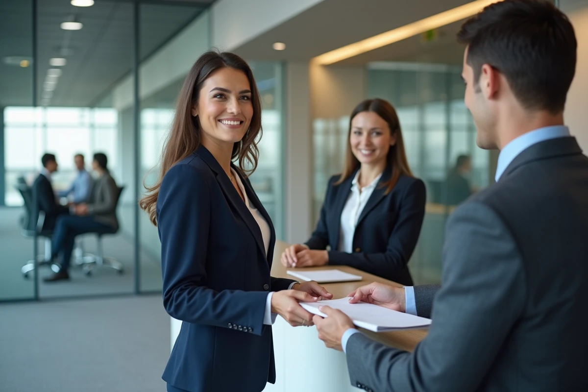 Femme en tenue professionnelle remettant une lettre de demande de temps partiel 80% aux ressources humaines d'une entreprise