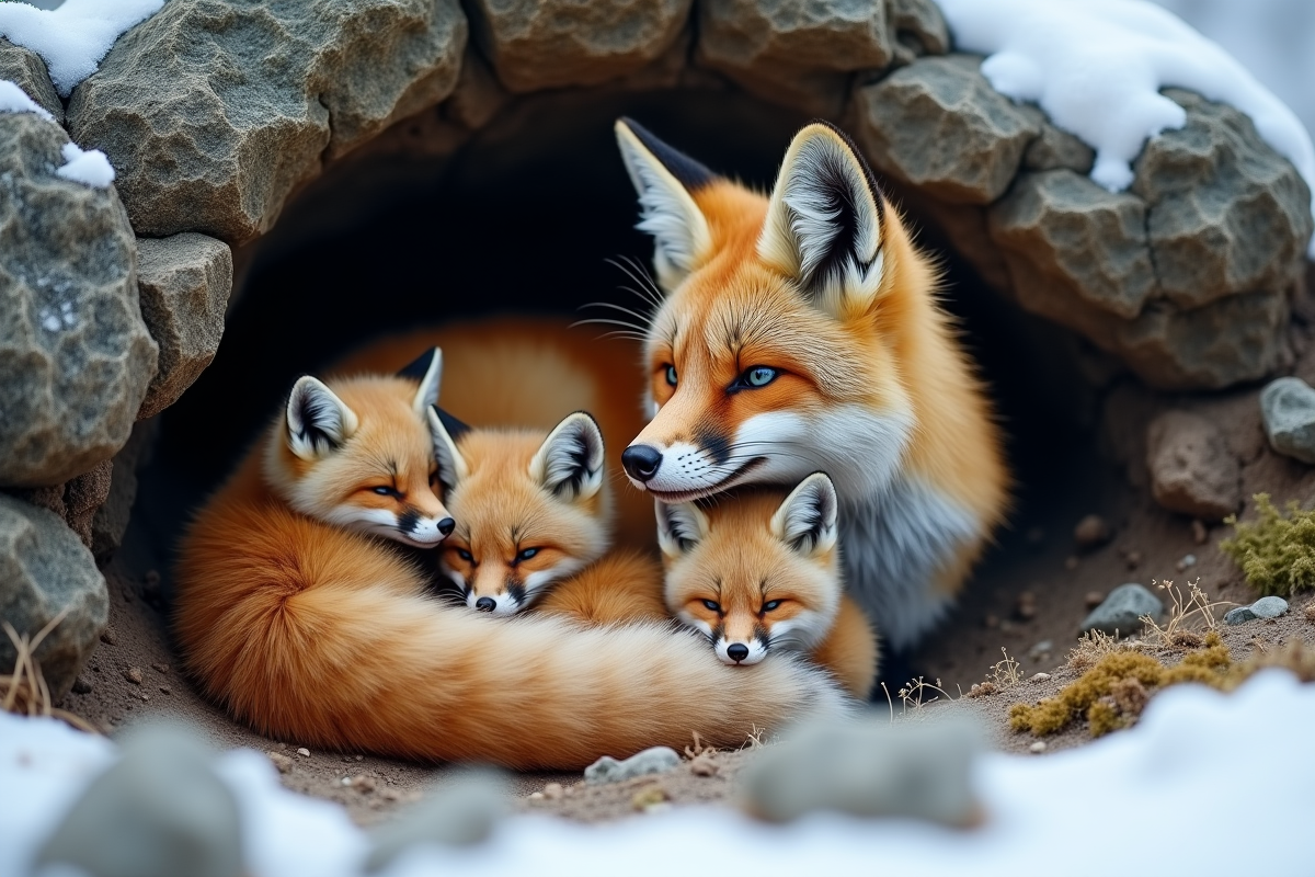 Une renarde arctique veille sur ses petits dans la tundra