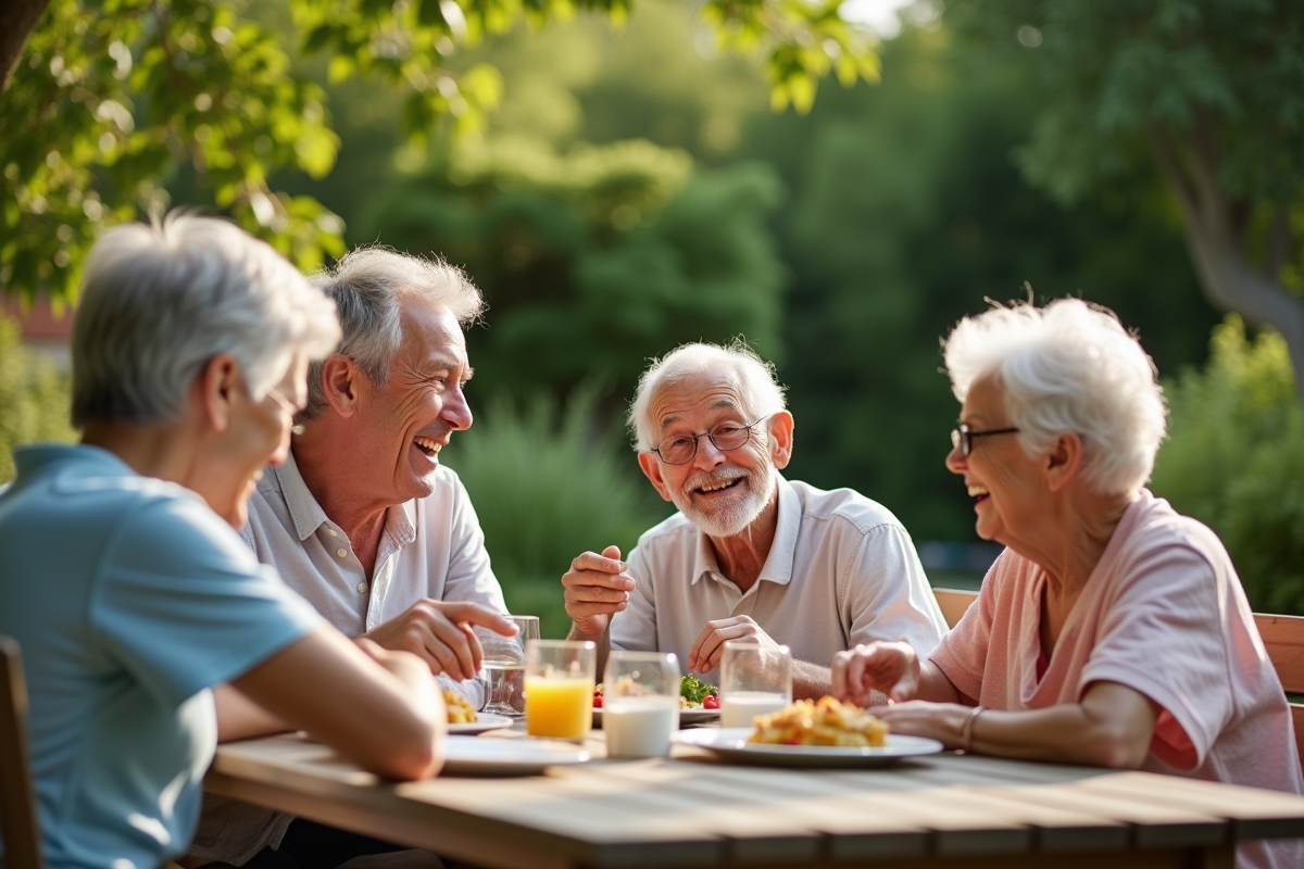 Trois générations partageant un repas dans un jardin ensoleille