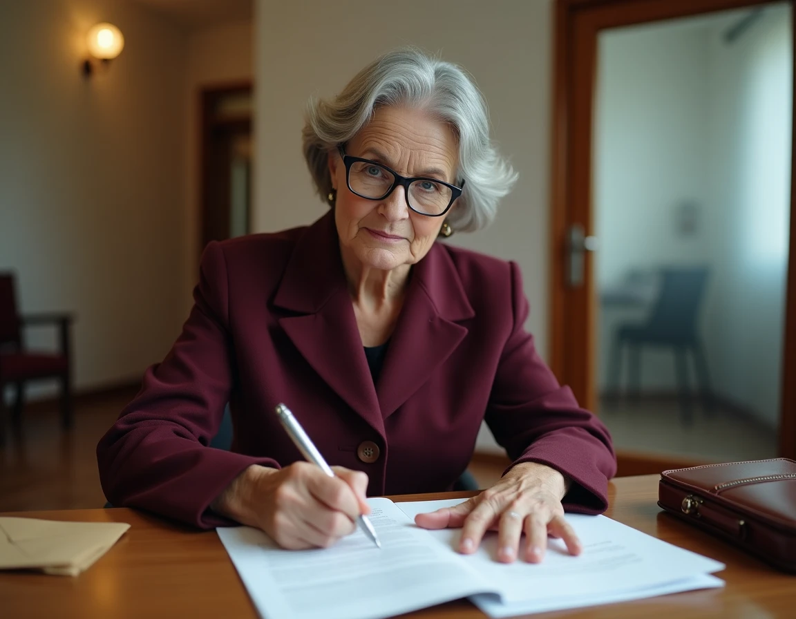 Femme d'âge mûr signant une procuration notariale pour une succession dans une salle d'attente de cabinet