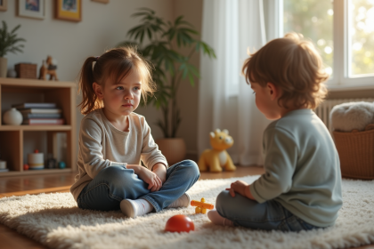 Soeur observant son petit frère jouer avec un jouet dans le salon