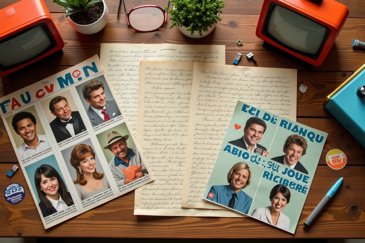 Composition éditoriale vintage de souvenirs de fans de la télévision française avec magazines et lettres manuscrites