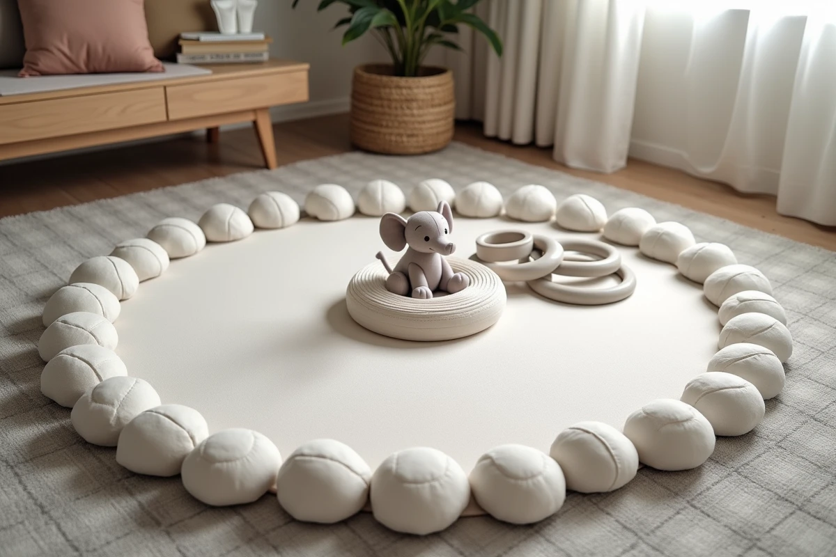 Tapis de sol anti-chute avec bordures en mousse rembourrée installé en cercle pour sécuriser un espace d'éveil bébé