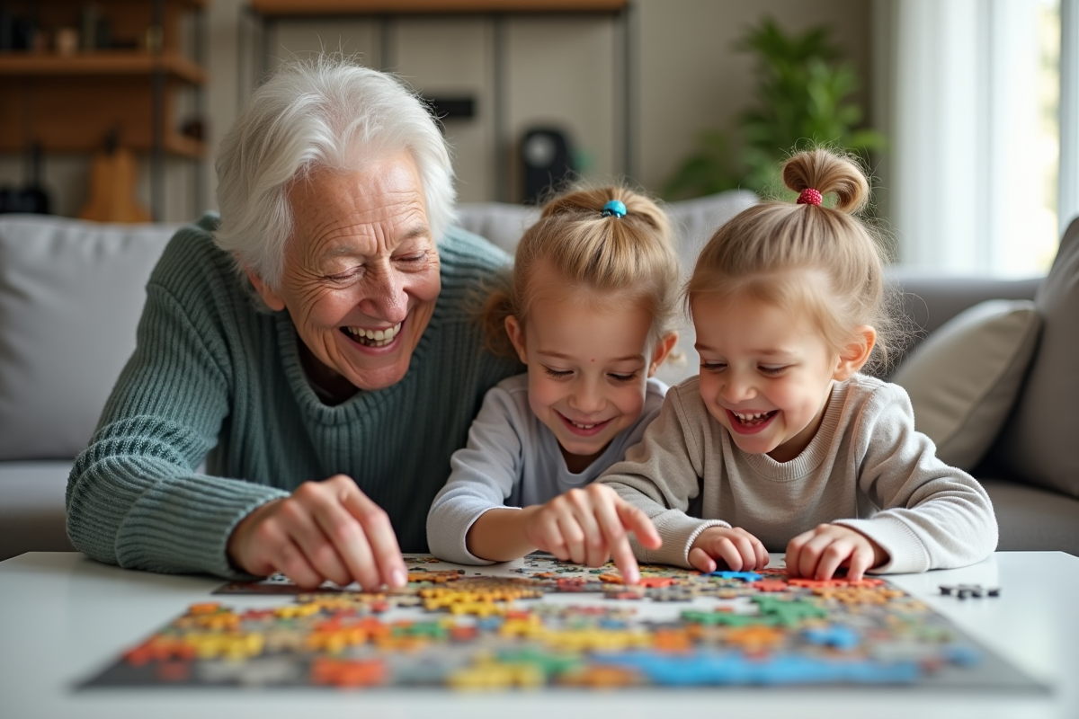 Trois générations partageant un puzzle dans une cuisine lumineuse