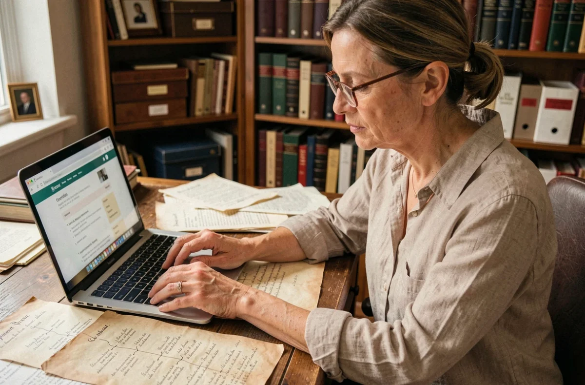 Femme consultant des documents généalogiques anciens et un arbre familial en ligne pour vérifier l'authenticité d'une généalogie