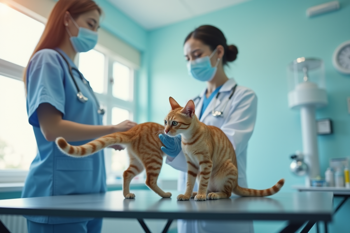 Vétérinaire examinant un chat agité en clinique propre