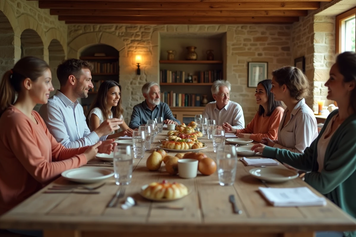 Scène de famille réunie autour d'une table dans une maison de campagne française, illustrant l'intimité familiale et la question de la vie privée des personnalités publiques