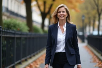 Femme politique élégante marchant dans une rue parisienne pavée en automne, représentant la discrétion de la vie privée d'une personnalité publique