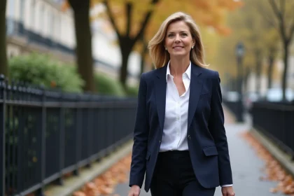 Femme politique élégante marchant dans une rue parisienne pavée en automne, représentant la discrétion de la vie privée d'une personnalité publique