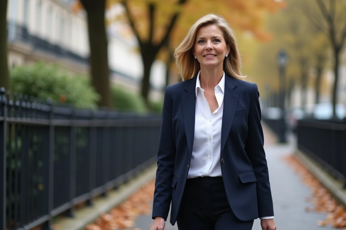Femme politique élégante marchant dans une rue parisienne pavée en automne, représentant la discrétion de la vie privée d'une personnalité publique