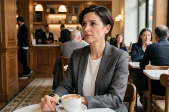 Femme élégante aux cheveux courts assise dans un café parisien, illustrant un article sur la vie privée de personnalités publiques