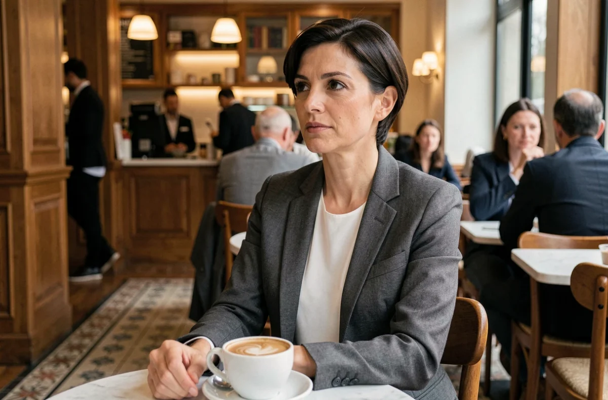 Femme élégante aux cheveux courts assise dans un café parisien, illustrant un article sur la vie privée de personnalités publiques
